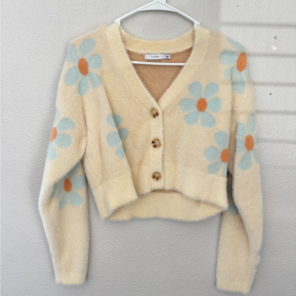 LUSH Light Yellow Floral Cardigan Sweater Size Small